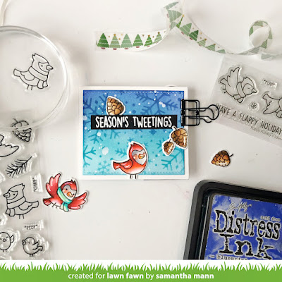 Season's Tweetings Card by Samantha M for Lawn Fawn, Lawn Fawn, Cards, Distress Inks, Center Picture Window, Interactive Card, handmade cards, Christmas, Christmas cards, Cardnial, #lawnfawn #lawnfawndies #distressinks #cardmaking #inkblending #diecutting #christmascards