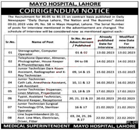 Mayo Hospital Lahore Jobs 2023 New Advertisement Apply Now