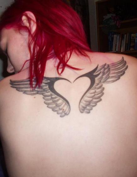 Women Back Piece With Small Angel Wings Tattoos Picture 1