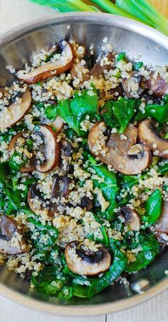 Loaded with fresh spinach, mushroom, chickpeas, and Parmesan, these Spinach and Mushroom Quinoa Bowls are jam-packed with protein, veggies, and flavor!