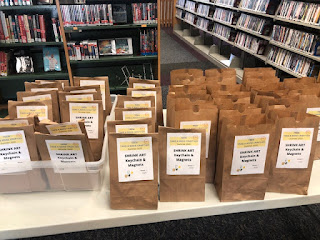 Photo of many Teen Take & Make craft kits in paper bags on a table in the library.