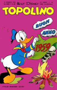 Topolino 202 - 10 Gennaio 1959 | ISSN 1120-611X | CBR 215 dpi | Settimanale | Fumetti | Universo Disney
Numero volumi : IN CORSO
Topolino apparve in Italia il 30 marzo 1930, quando sul n.13 del settimanale torinese Illustrazione del Popolo, diretto da Lorenzo Gigli, fu pubblicata la prima striscia disegnata da Ub Iwerks e intitolata Le avventure di Topolino nella giungla. Due anni dopo si ha il primo libro illustrato italiano con le sue immagini: Sua Altezza Reale il Principe Codarello e, poco più tardi, il 31 dicembre 1932, esce il primo numero di Topolino in formato giornale, edito da Nerbini.
Sulla falsariga del celebre Corriere dei Piccoli, anche Topolino si presentava ai lettori con periodicità settimanale e si apriva con una breve storia in cui le didascalie sono scritte in rima e realizzata da Giove Toppi, che divenne quindi il primo autore Disney italiano. Sul settimanale della Nerbini, comunque, trovano spazio soprattutto le strisce e le tavole realizzate da Floyd Gottfredson. In queste storie vengono anche introdotte delle didascalie in rima, scritte dal primo direttore della rivista, Paolo Lorenzini (detto Collodi Nipote in quanto nipote di Carlo Collodi), e viene anche assegnato il nome definitivo alla spalla di Topolino, ovvero quel Pippo un po' lunatico e un po' svampito che sui libri della Salani veniva ancora chiamato Medoro.
Nerbini non si era assicurato correttamente i diritti di pubblicazione: quando aveva varato la sua rivista, infatti, si era rivolto al Consorzio Cinematografico E.I.A., il distributore dei cortometraggi di Topolino, quando in realtà i diritti per le riviste erano stati dati in mano al giornalista Guglielmo Emanuel dallo stesso Disney. Per cui, per un paio di numeri, la testata passò da Topolino a Topo Lino, per poi riprendere la nota testata con il n.7. Il Topolino Giornale era formato da otto pagine e non conteneva solo storie a fumetti Disney ma anche storie non-Disney che anzi erano di solito la maggioranza delle storie presenti in un numero.
Il numero 137 del Topolino Giornale, dell'11 agosto 1935, segna il passaggio di consegne da Nerbini alla Mondadori. Il fascismo, tuttavia, causò dei problemi al giornale. Dal 1938, il Min.Cul.Pop. (Ministero della Cultura Popolare) impone alla stampa di non editare più i protagonisti del fumetto popolare americano. Il solo Topolino è risparmiato, e così il suo logo e il suo personaggio possono continuare ad esistere nelle edicole italiane, ma in piena seconda guerra mondiale, a partire dal n.476 del 27 gennaio 1942, anche il settimanale è costretto a cedere alle restrizioni. Lo sostituisce Tuffolino, un ragazzetto dalle medesime caratteristiche fisiche, disegnato dal grande illustratore Pierlorenzo De Vita. Con la fine del fascismo, le avventure di Topolino poterono di nuovo essere pubblicate.
Alla fine degli anni quaranta, però, i giornali a fumetti che pubblicavano storie a puntate di non più di due tavole ad episodio erano irrimediabilmente in crisi, e così lo stesso Topolino, le cui vendite erano di gran lunga calate rispetto al periodo d'oro. Mondadori, però, non poteva rinunciare alla rivista da edicola per non perdere i ricchi diritti delle pubblicazioni da libreria, così decise un doloroso ma necessario cambio di formato e periodicità. Nel 1949 nasce così il periodico a fumetti Topolino formato libretto, all'inizio con cadenza mensile, quindi quindicinale e, infine, settimanale, fino a giungere a oggi al suo sessantesimo anniversario e con oltre 3000 numeri usciti, ricchi di storie tra le più famose, con autori da Carl Barks a Romano Scarpa, da Floyd Gottfredson a Giovan Battista Carpi e così via.