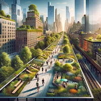 A sunlit view of the High Line in New York, a lush linear park elevated above the city streets, flanked by modern and traditional buildings. Visitors amble along the walkways, enjoying the interplay of natural greenery and urban architecture, with the skyline creating a dramatic backdrop.