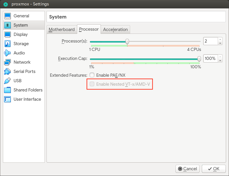 Opsi "Enable Nested VT-x/AMD-v" masih disable