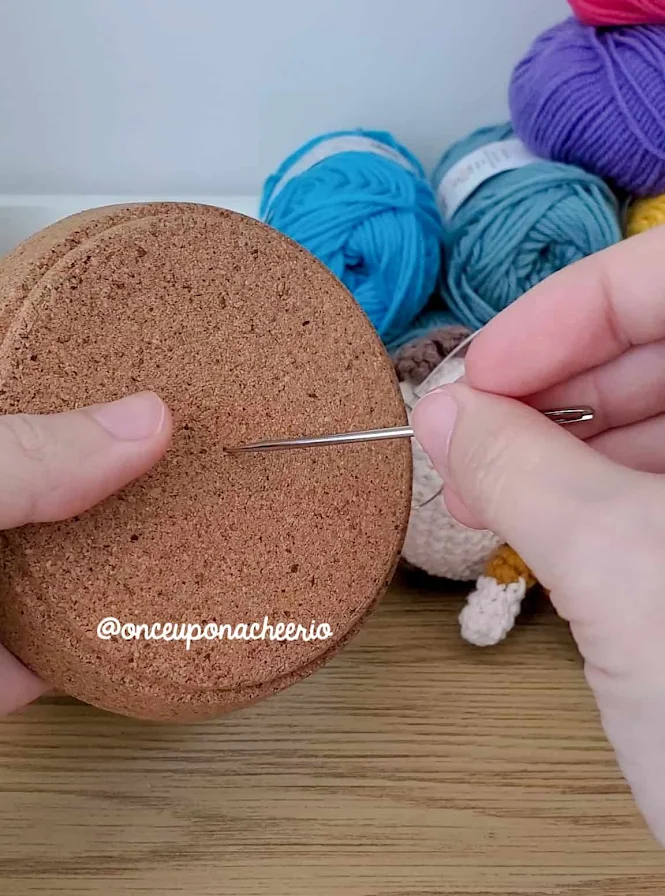 DIY Amigurumi Stand - Use a needle to start a hole on the bottom of the coaster
