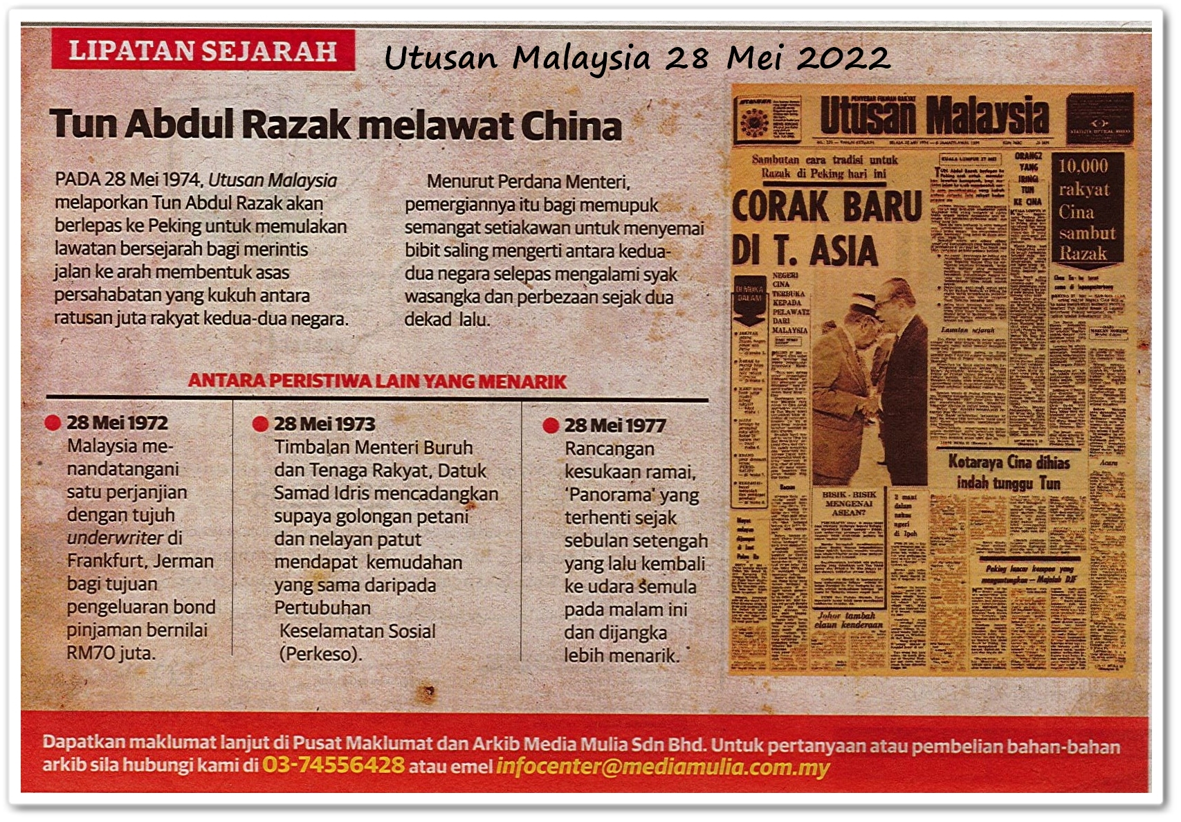 Lipatan sejarah 28 Mei - Keratan akhbar Utusan Malaysia 28 Mei 2022