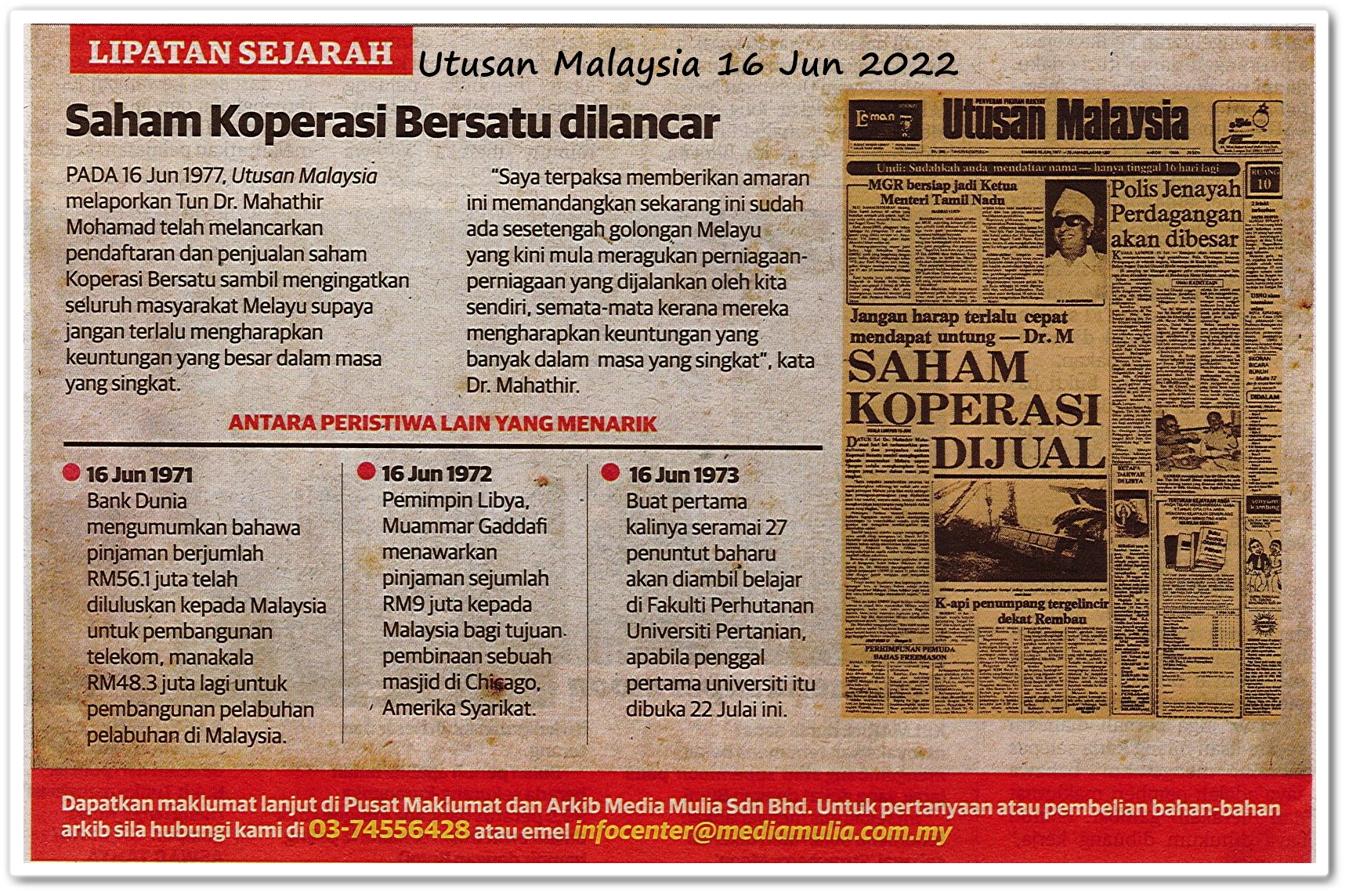 Lipatan sejarah 16 Jun - Keratan akhbar Utusan Malaysia 16 Jun 2022