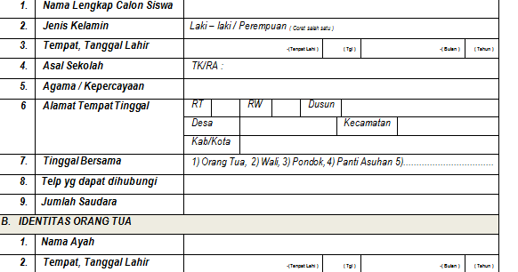 Formulir Pendaftaran Siswa Baru Tk Sd Smp Sma Sederajat Tahun