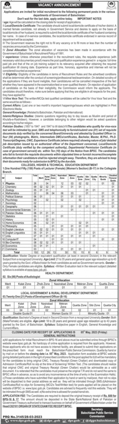 Jobs 2023 in Balochistan Public Service Commission Apply Now 