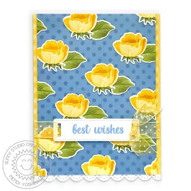 Sunny Studio Blog: Yellow & Blue Polka-dot Rosebud Best Wishes Card (using Potted Rose, Background Basics & Heartfelt Wishes Stamps, Fancy Frames Rectangle Dies & Classic Gingham Paper)