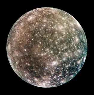 Enhanced colour image of Callisto acquired by the Galileo space probe