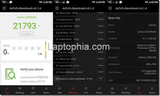 Benchmark Lenovo Vibe C A2020 AnTuTu v6