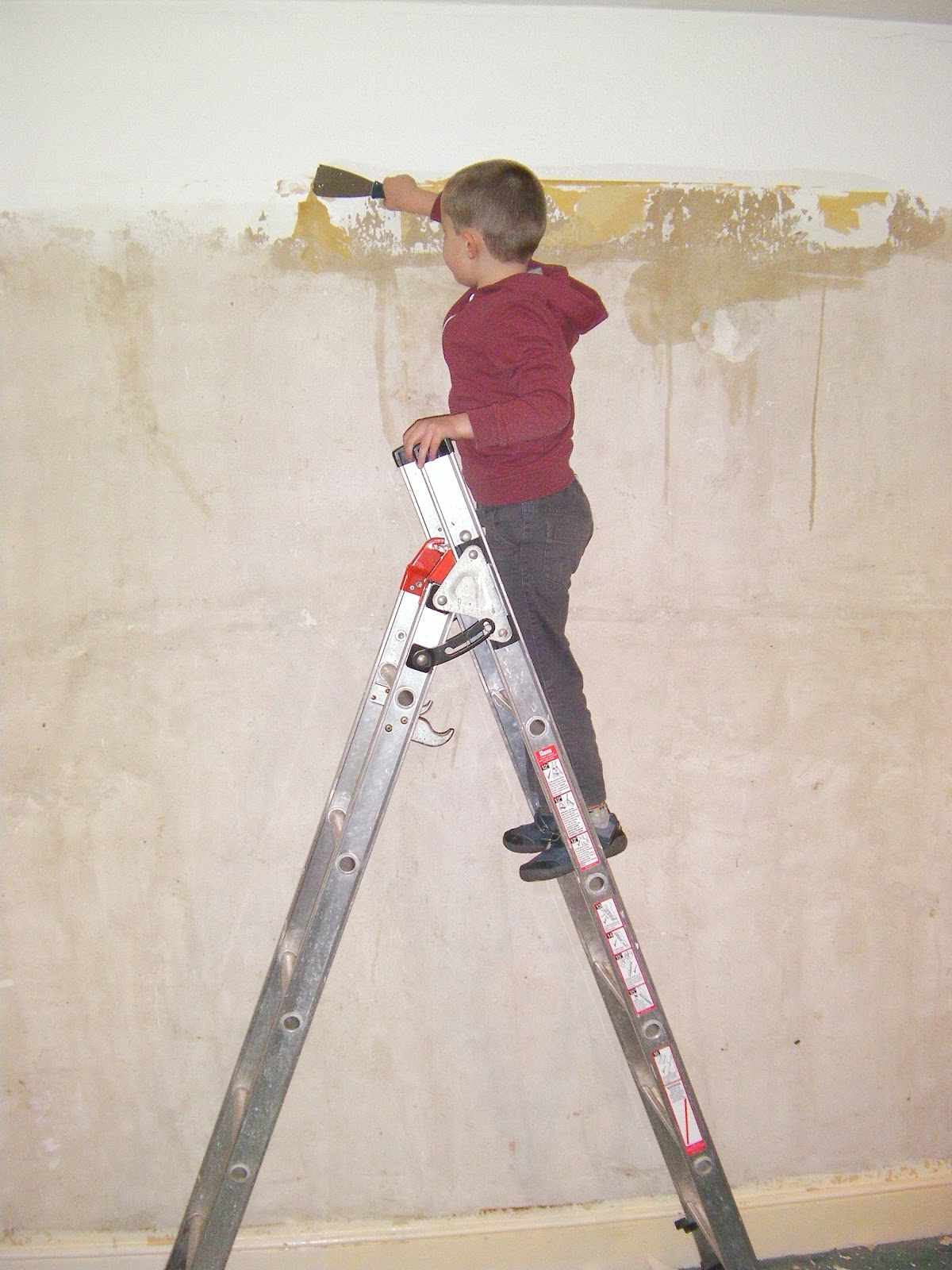 boy up ladder scraping old wallpaper off with plastering tool