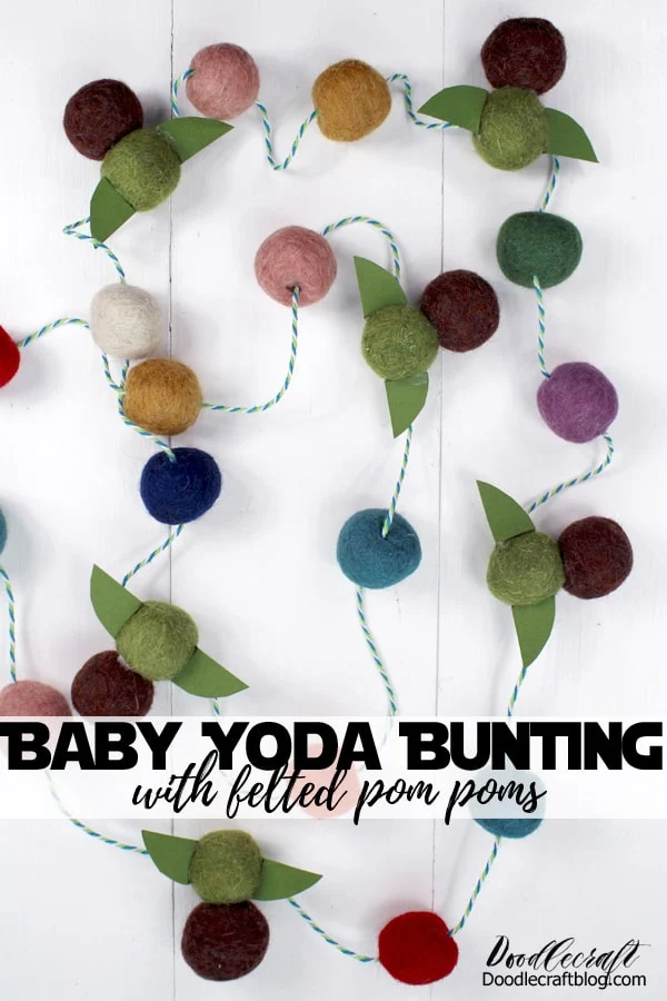 Make the cutest pom pom garland with Baby Yoda felt ornaments as a quick craft. Perfect for decorating for a Mandalorian themed party or Star Wars themed decorations. 