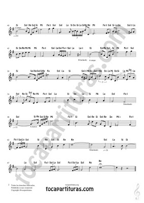 Hoja 2 Partitura Fácil con Notas en Letras de Flautas, Violín, Saxofones, Clarinetes, Cornos, Trompetas... y instrumentos en Clave de Sol Spanish Notes Sheet Music for Treble Clef  Más Partituras PDF/MIDI con Notas aquí