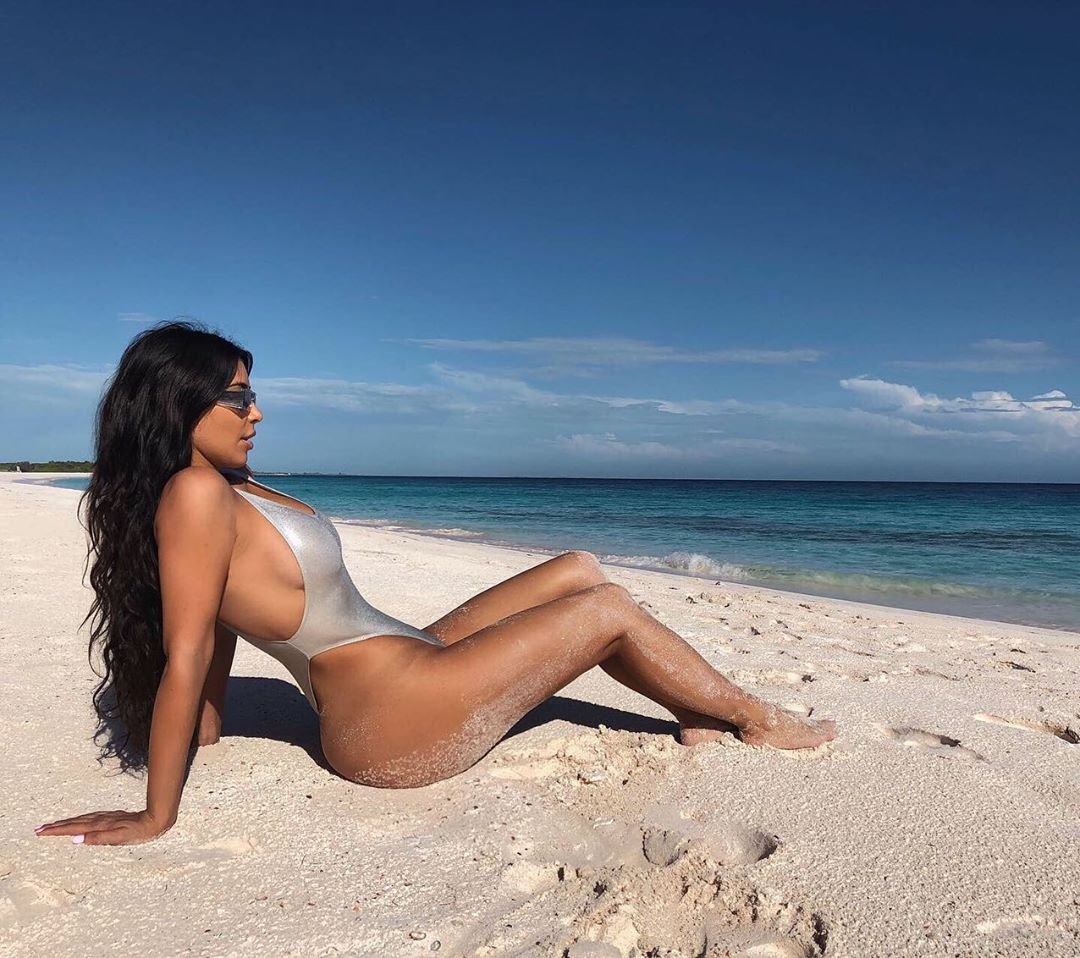 Kim Kardashian in Sexy Silver Swimsuit Photoshoot on The Beach