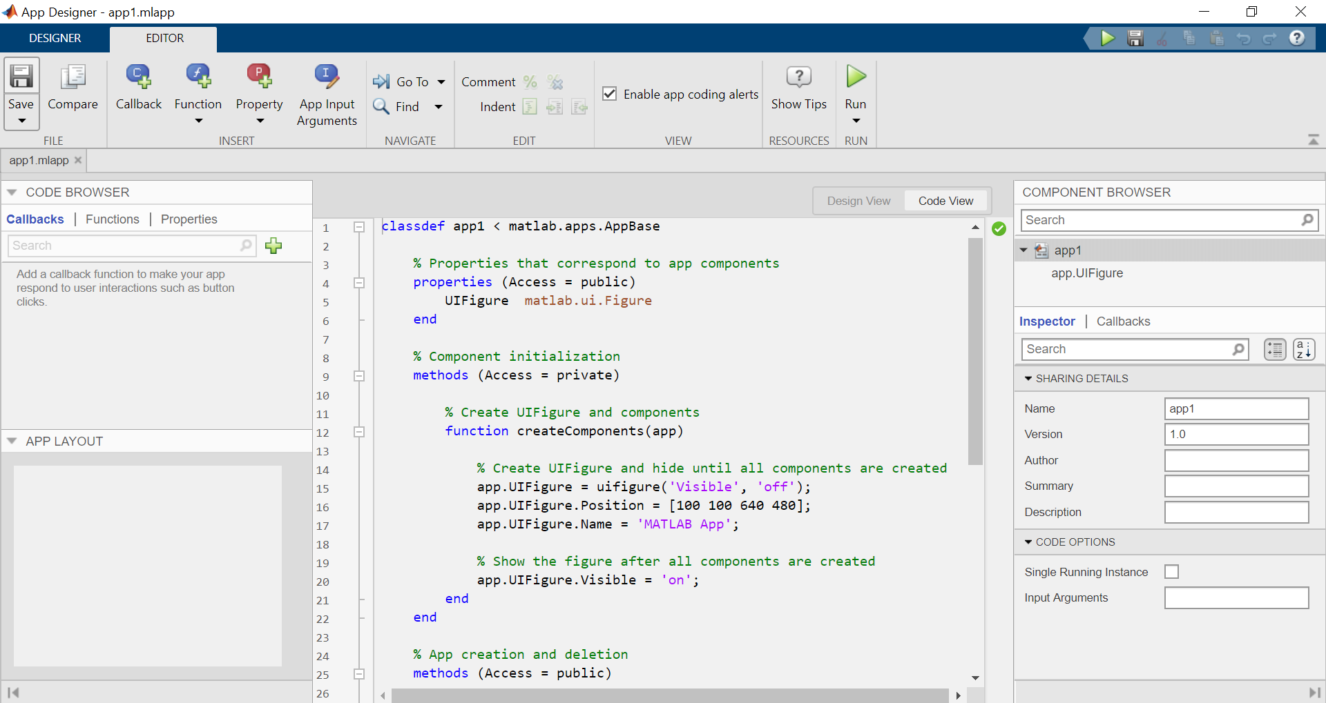 Matlab App Designer Platform Code View
