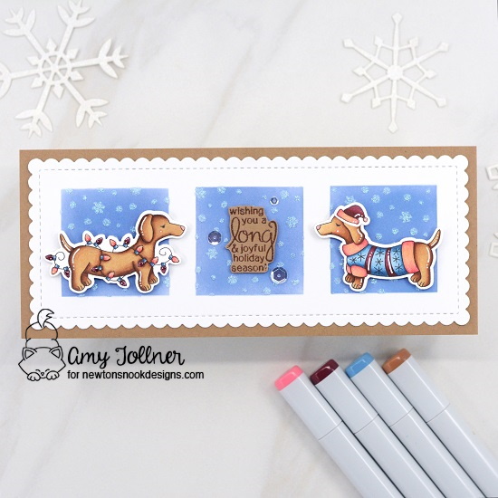 Wishing you a long & joyful holiday season by Amy features Holiday Hounds, Petite Snow, Slimline Frames & Portholes, and Slimline Masking Circles & Squares by Newton's Nook Designs; #inkypaws, #newtonsnook, #dogcards, #holidaycards, #cardmaking, #christmascards