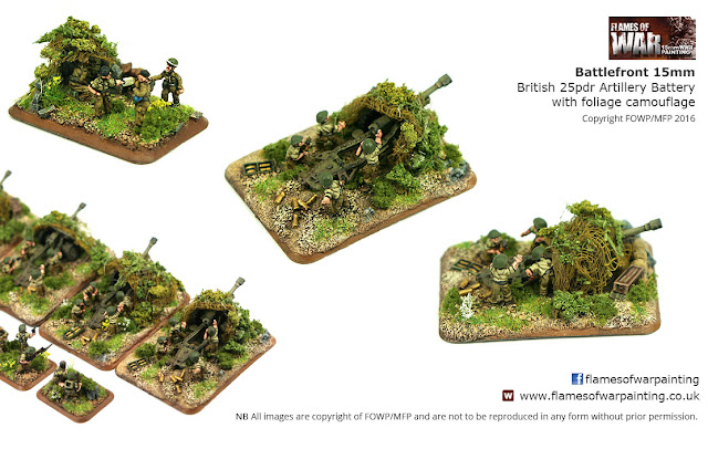 Battlefront 15mm British 25pdr Artillery Battery with foliage camouflage netting painted by FOWP Flames of War Painting