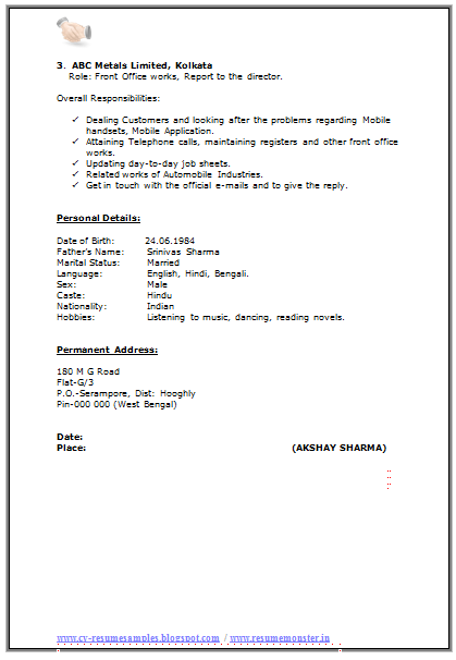 Free Download Link For Resume Format for MA Experience