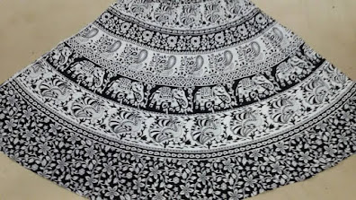 Jaipuri Cotton Printed Skirt - Black And White Elephant and Peacock Print Design