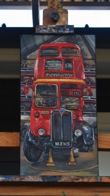 Plein air oil painting of the vintage red London 'AEC Routemaster' doubledecker bus at the Sydney Bus Museum by industrial heritage artist Jane Bennett