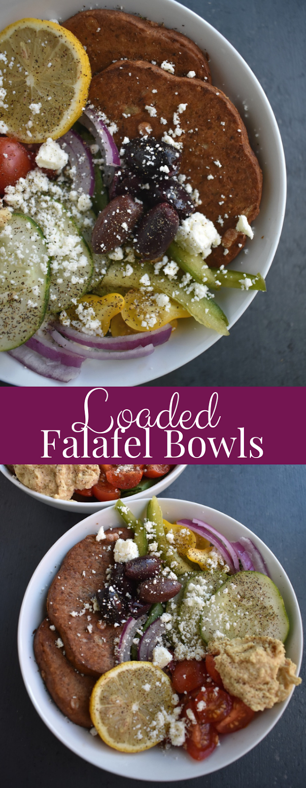 Loaded Falafel Bowls take 10 minutes to make and are full of flavorful ingredients including falafel burgers, tomato, cucumber, kalamata olives, feta cheese, bell peppers, hummus, lemon and red onion! www.nutritionistreviews.com