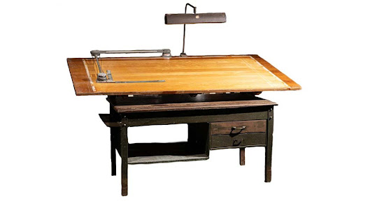 Antique Bruning Drafting Table With Floating Lamp And Drafting Machine