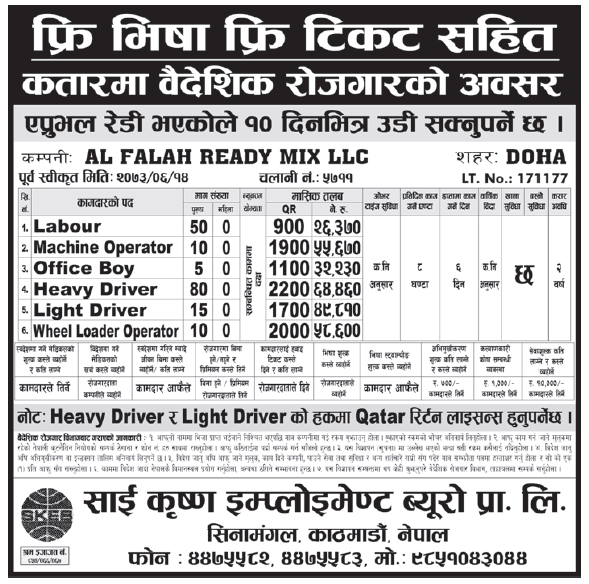Free Visa Free Ticket jobs in Qatar for Nepali, Salary Rs 64,460