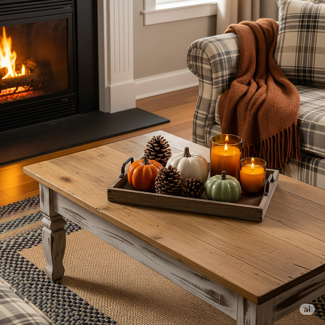 A farmhouse living room with a distressed oak coffee table holding a rustic wooden tray with mini ceramic pumpkins, pinecones, and amber votive candles. A plaid sofa, rust throw, and braided burlap rug are lit by a warm fireplace, creating an autumnal, cozy atmosphere.