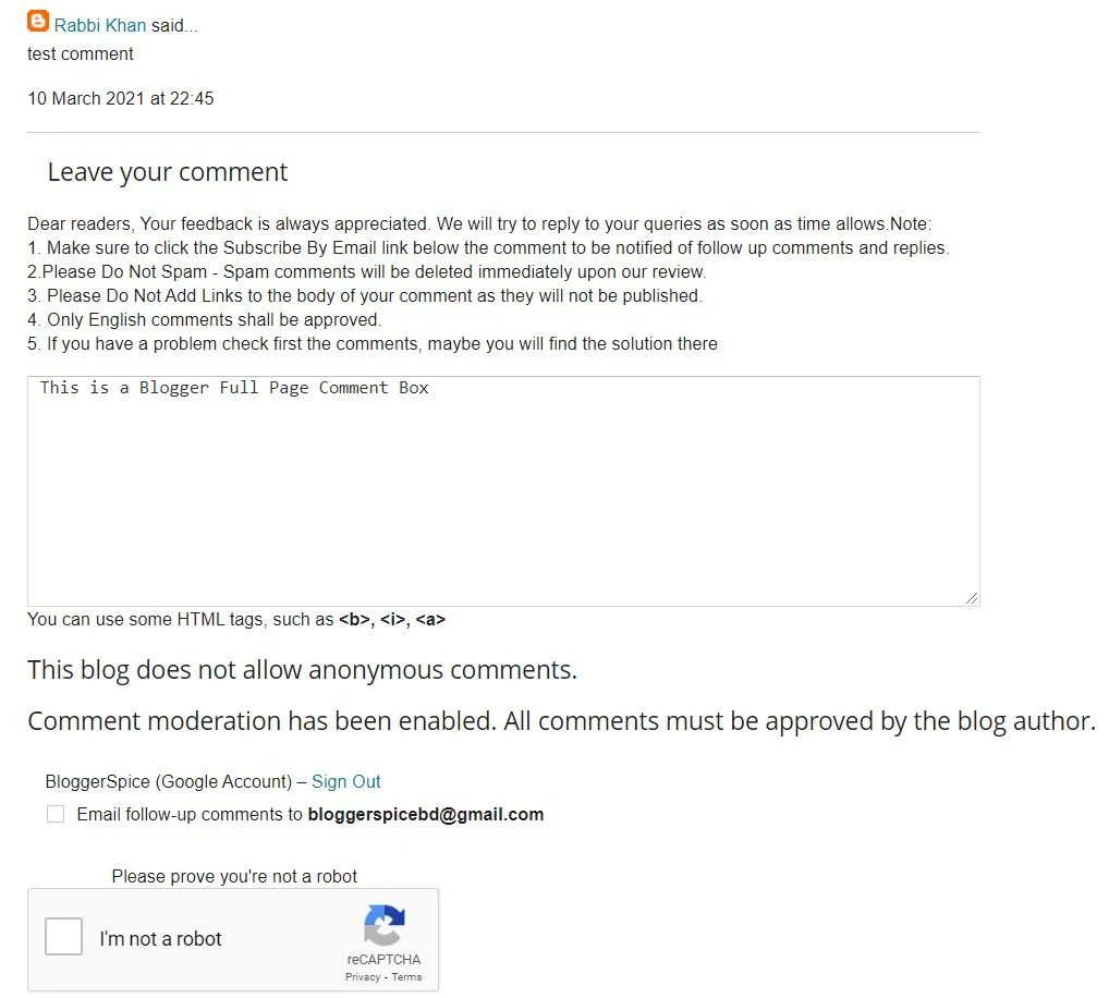 Full page blogger comment box