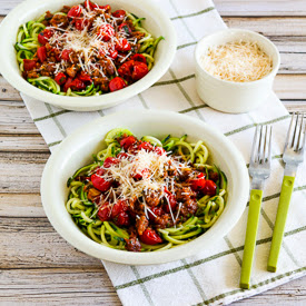 Zucchini Noodles with Spicy Cherry Tomato, Sausage, Garlic, and Herb Sauce found on KalynsKitchen.com