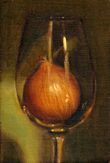 Oil painting of a brown onion inside a wine glass.