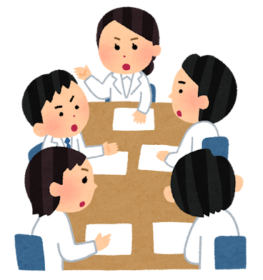 白衣を着た人たちの会議のイラスト（真剣）