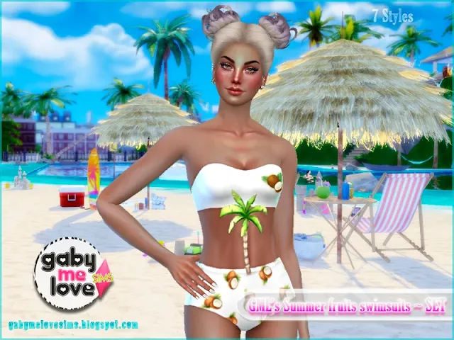 Sims 4 CC | Clothing: GML's Summer fruits swimsuits for women ~ SET | Gabymelove Sims | Custom Content, Contenido personalizado, mod, cloth, ropa, clothes, traje de baño, trajes de baño, bikini, Swimwear, Verano, Frutas, tropicales, para mujeres, mujer, pack, varios, coco, coconut, lemon, linón, toronja, pink, watermelon, sandía, patilla, Piña, pineapple, banana, cambur, mango, free download