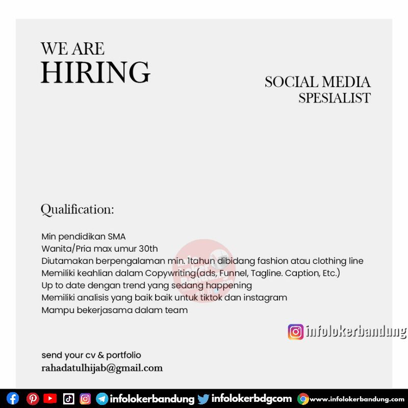 Lowongan Kerja Social Media Specialis Rahadatul HIjab Bandung Agustus 2022