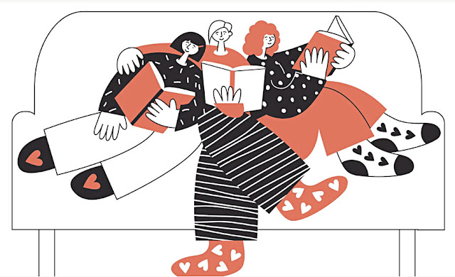 Graphic of three smiling women snuggling on a couch reading.