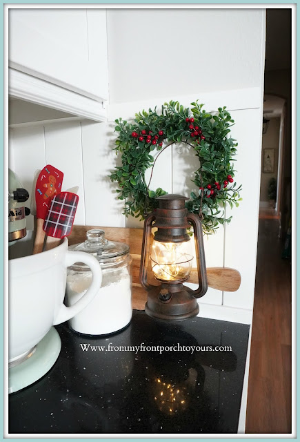 Cottage -Farmhouse- Christmas -Kitchen- Tour-Wreath-Lantern-Fairy Lights-From My Front Porch To Yours