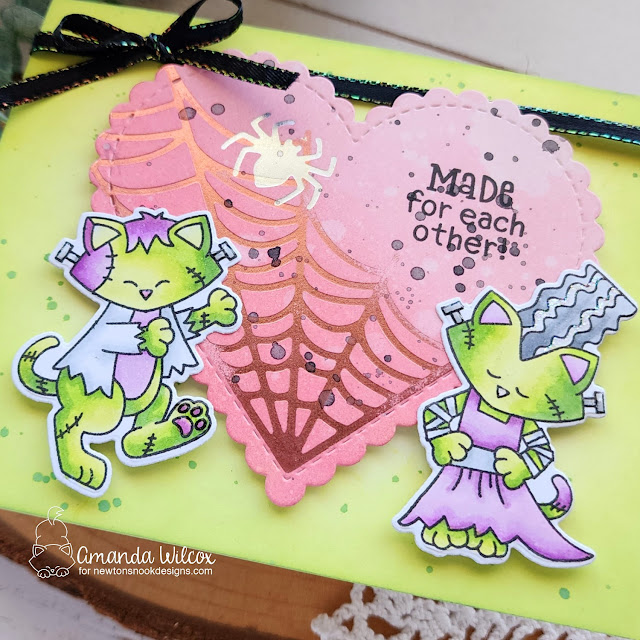Made for Each Other Halloween Card by Amanda Wilcox | Franken-Newton Stamp Set, Spiderweb Hot Foil Plates and Heart Frames Die Set by Newton's Nook Designs #newtonsnook #handmade