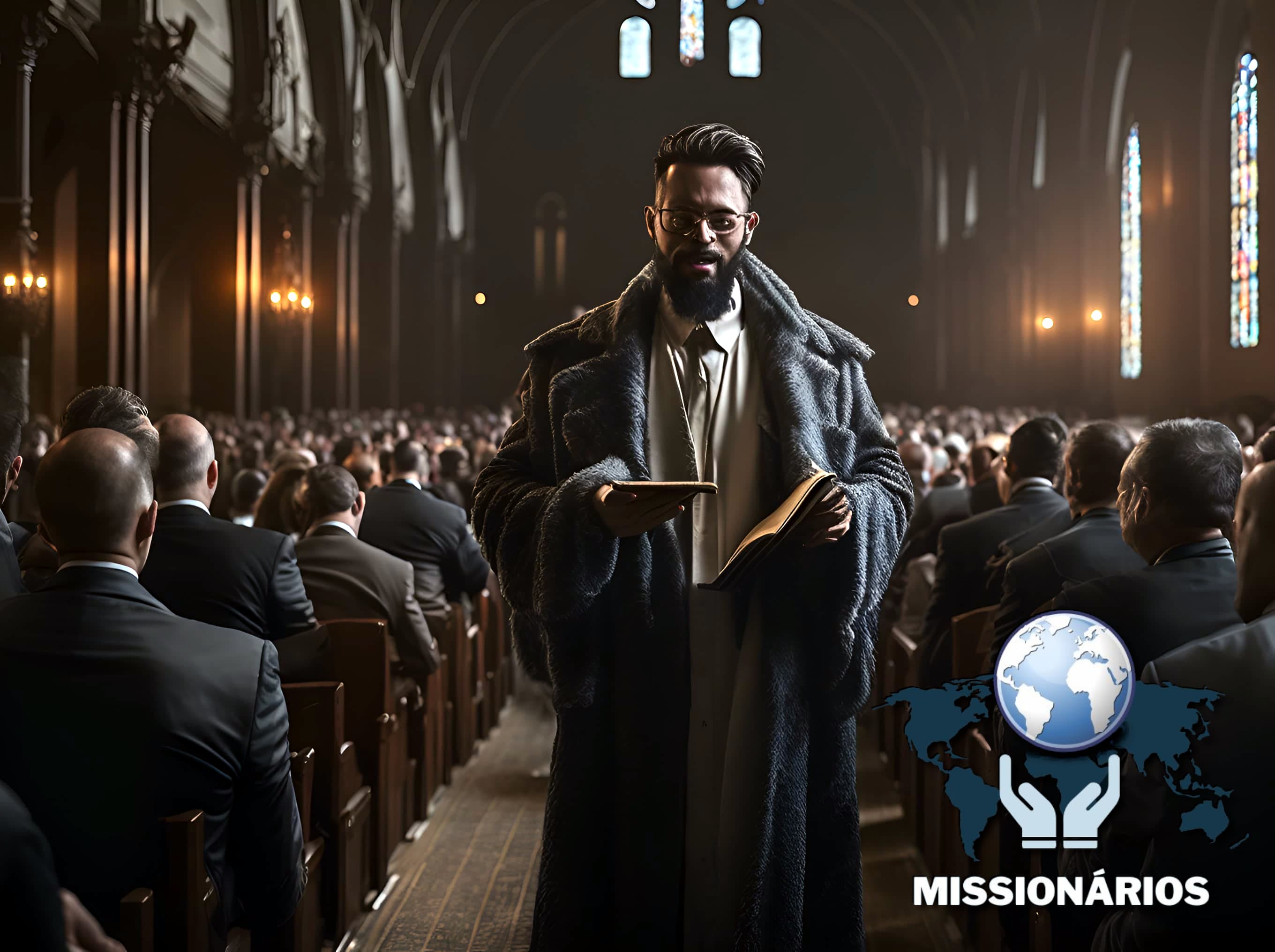 A imagem mostra um homem adulto com um grande casaco e uma bíblia na mão pregando a palavra de Deus para uma igreja lotada e feliz.