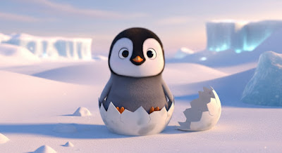Tuki the baby penguin hatching from his egg in the snowy Arctic