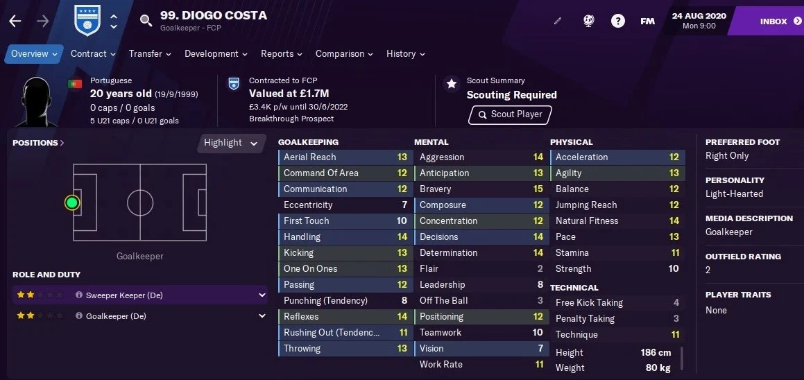 Diogo Costa: Starting Attributes in FM2021