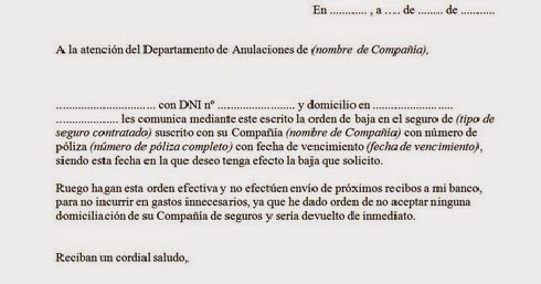 Carta solicitud baja Seguro (automovil, hogar, medico 