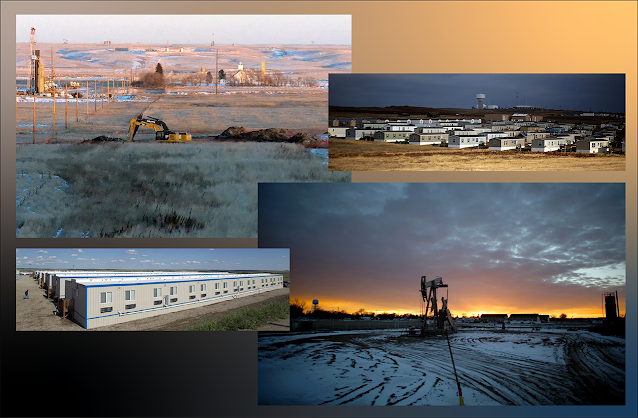 Images of oil fields and two of the mobile-home developments that sprang up all over the Bakken Formation region.