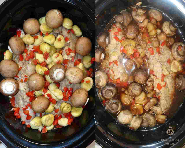 Lombinhos com castanhas e cogumelos na slow cooker