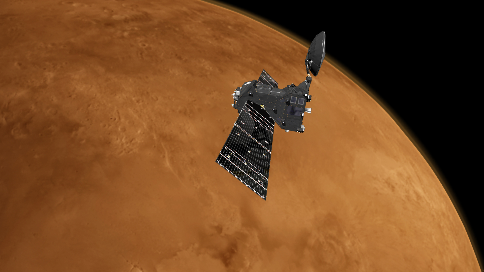 Impresión artística del Orbitador de gases de rastreo ExoMars 2016 en Marte.