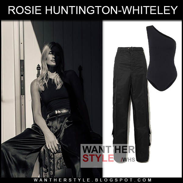 Rosie Huntington-Whiteley in black bodysuit and black satin cargo pants