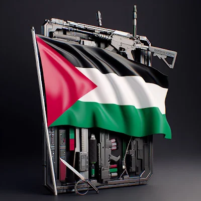 Gambar Bendera Palestina Keren 3D Dilengkapi Latar Belakang Ilustrasi Alat Militer