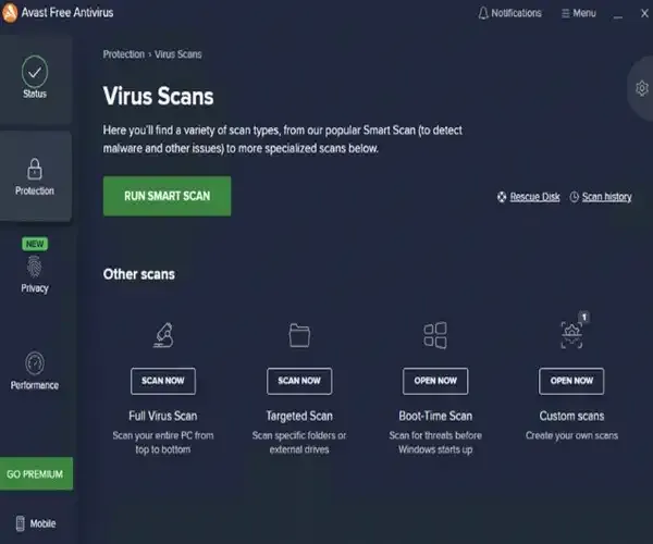 Avast Free Antivirus: interface