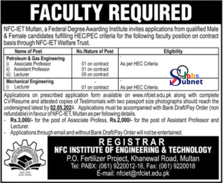 NFC Institute Of Engineering Multan Vacancies 2024